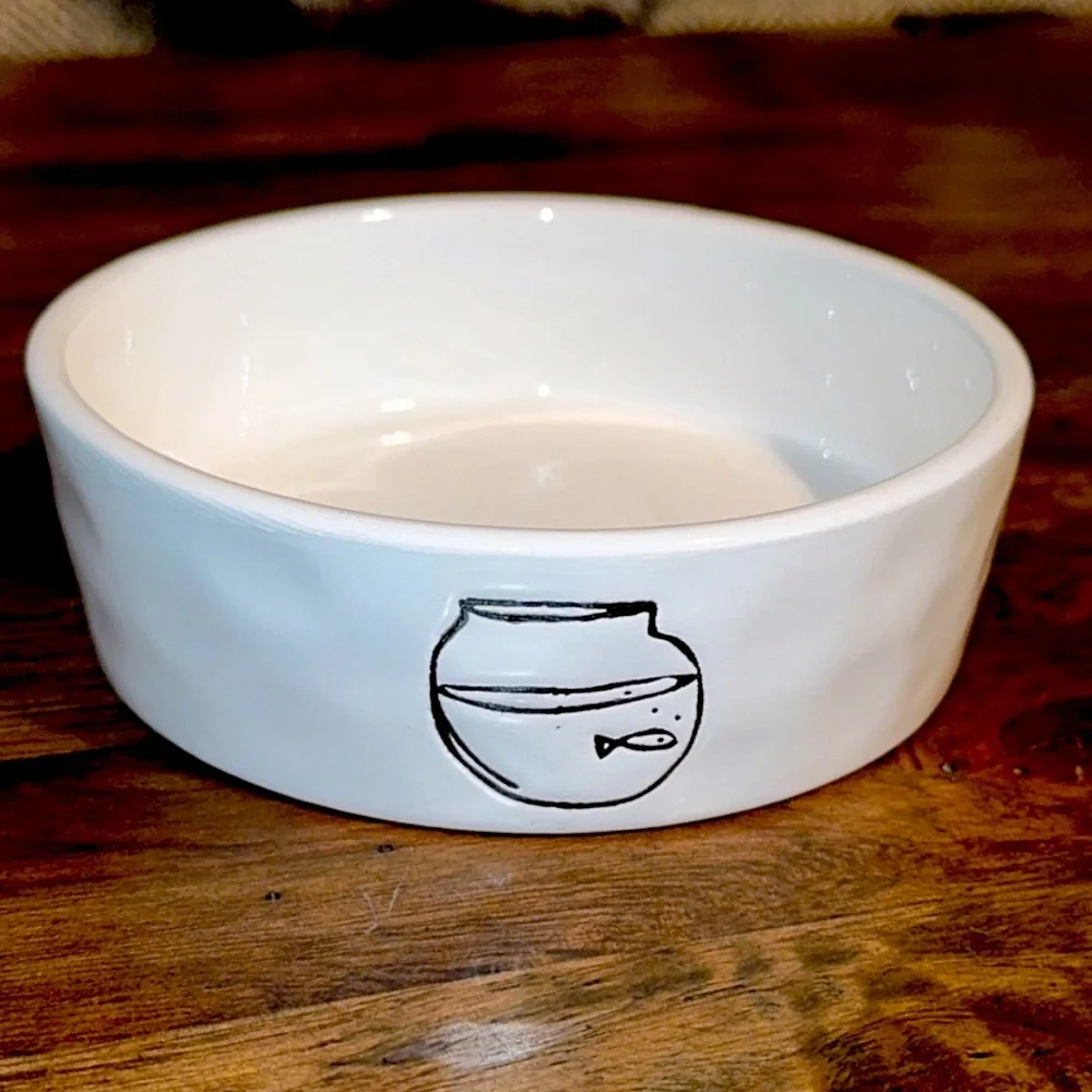RAE DUNN Pet/Cat Ceramic White Bowl with Fish Image Fish Bowl